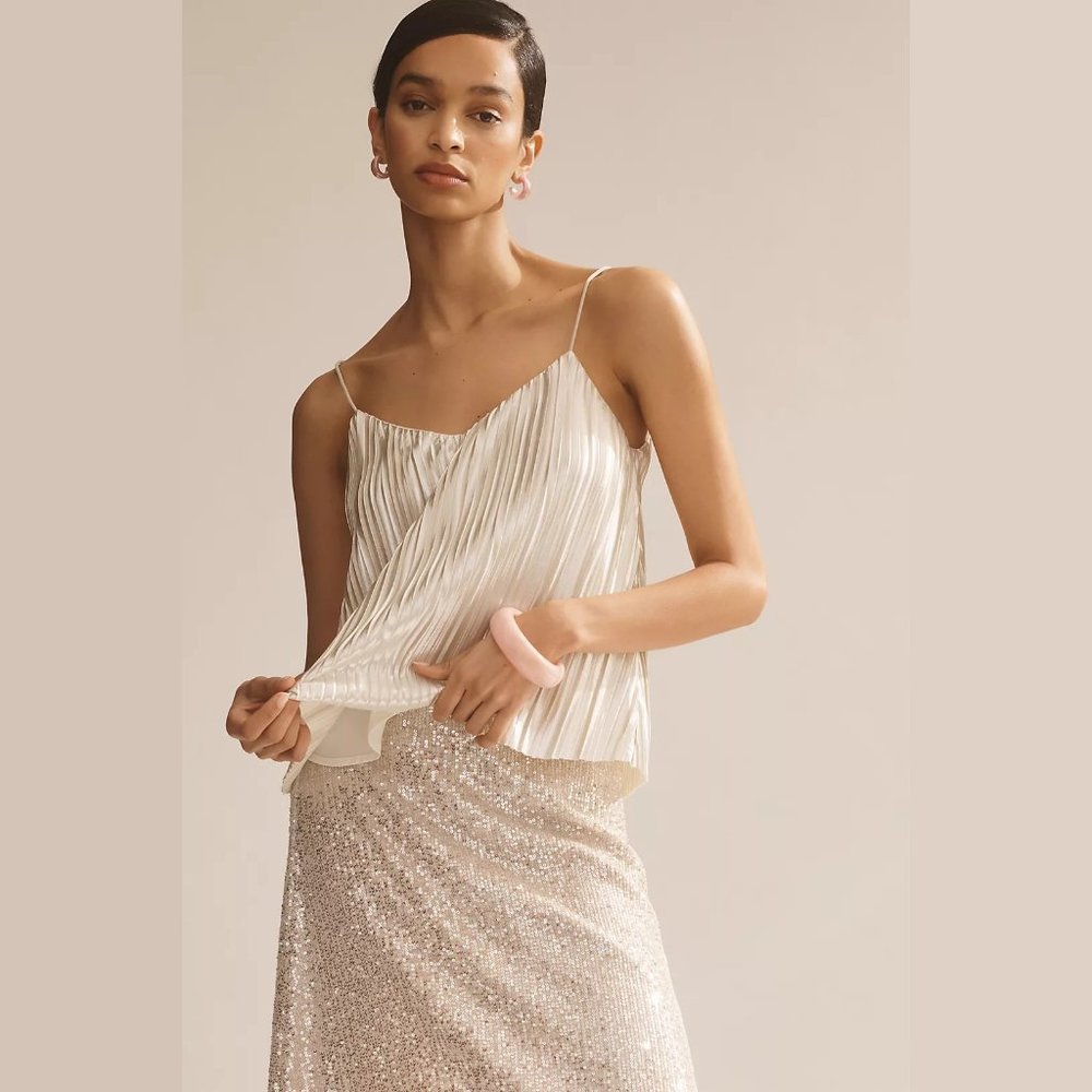 NEW 4SI3NNA Size M Women's Metallic Pleated Cami - Silver